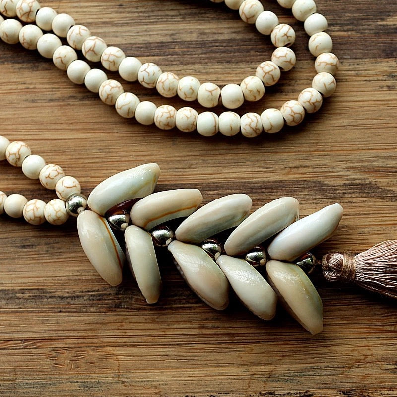  White Magnesite Beads and Cowry Shells 