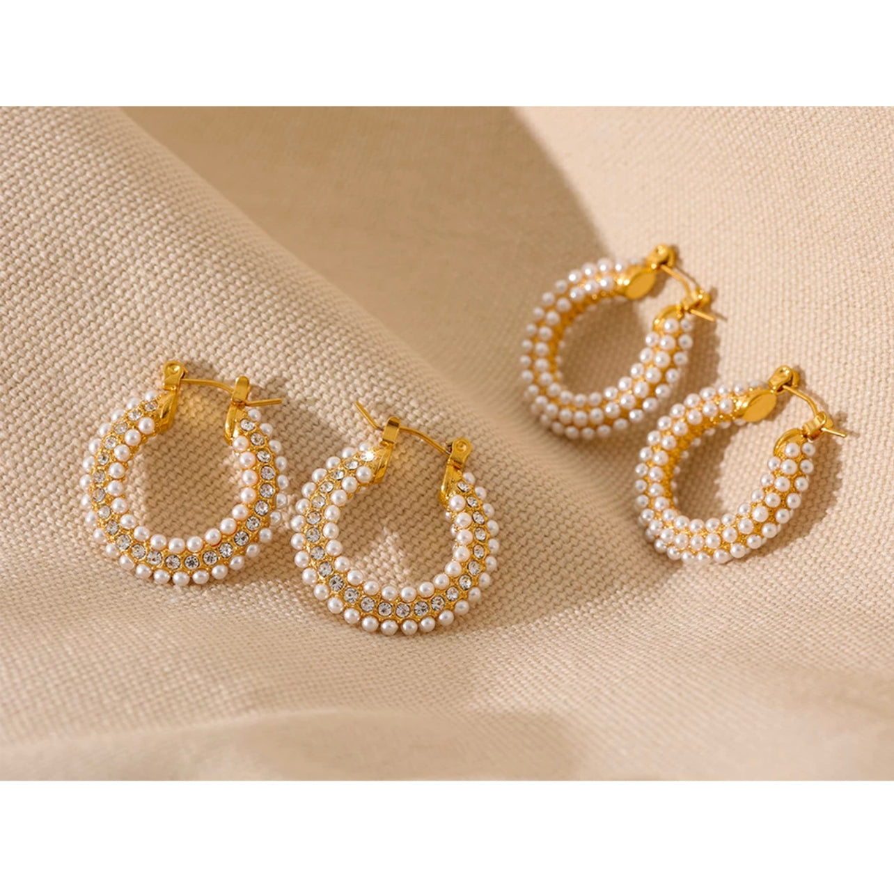 Stainless Steel Cute Pearls with CZ Embellishment Hoops Earrings