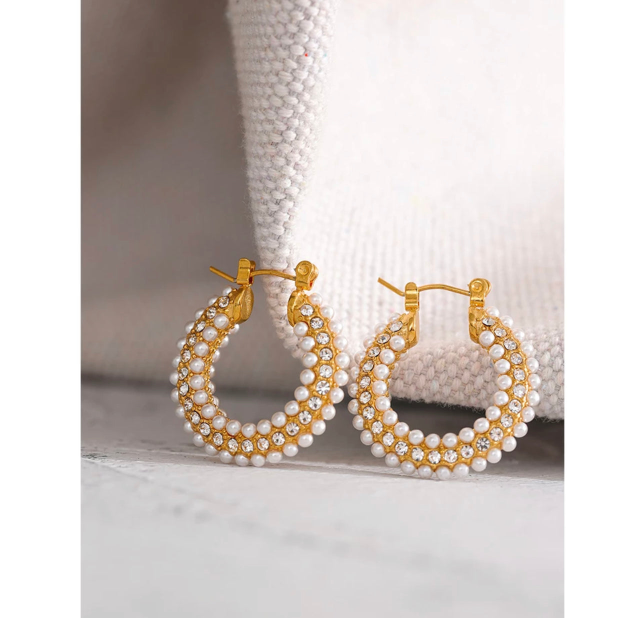Stainless Steel Pearls with CZ Embellishment Hoops Earrings