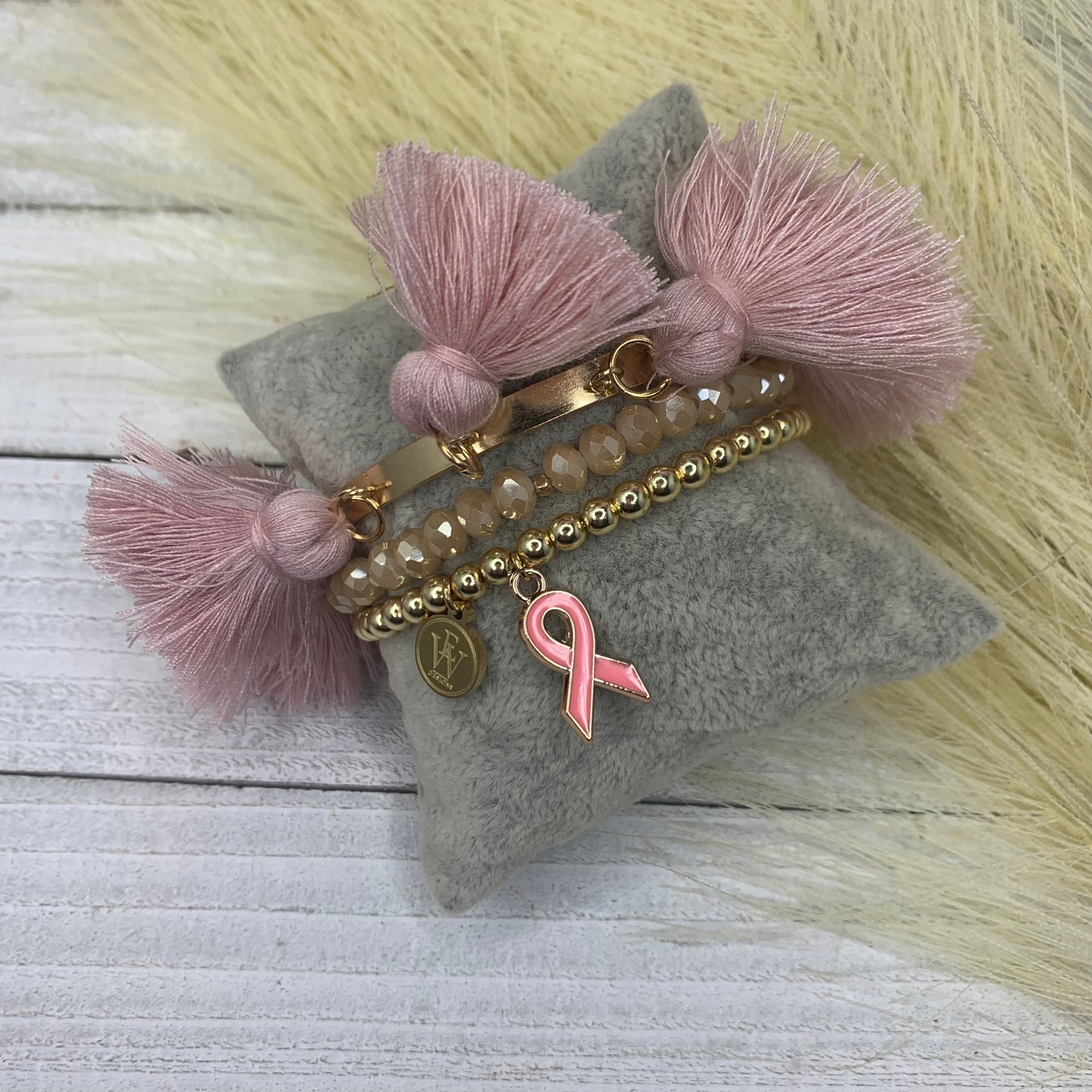 Gold Stretchy Bracelet with pink Ribbon Breast Cancer Awareness