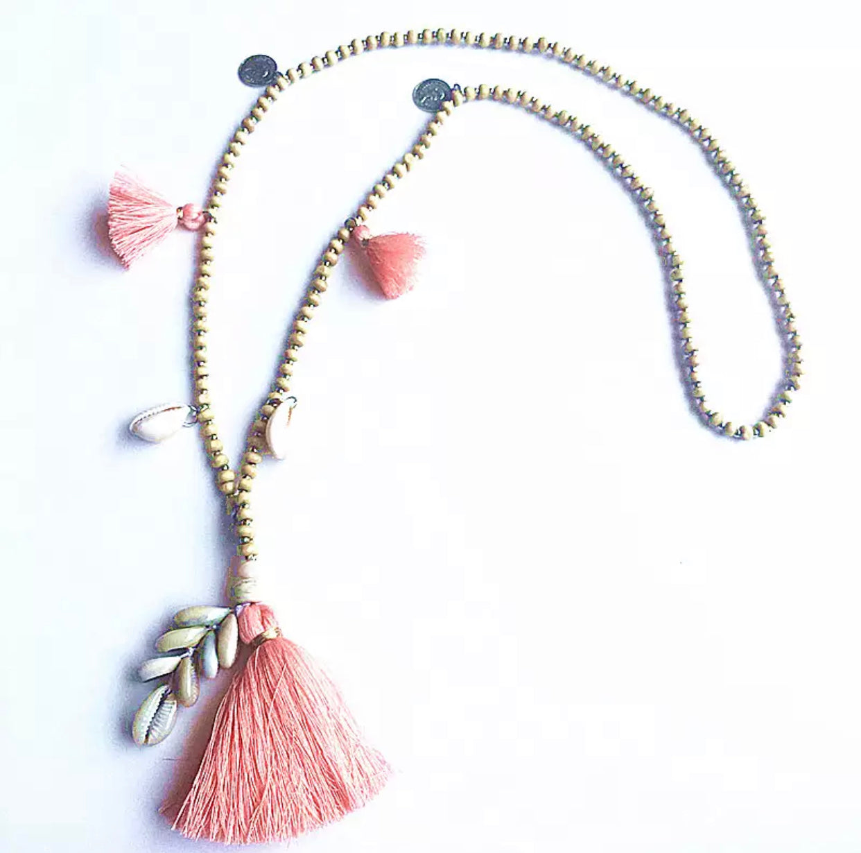 Wooden Beads Necklace with Cowry Shells and  Peach Cotton Tassels