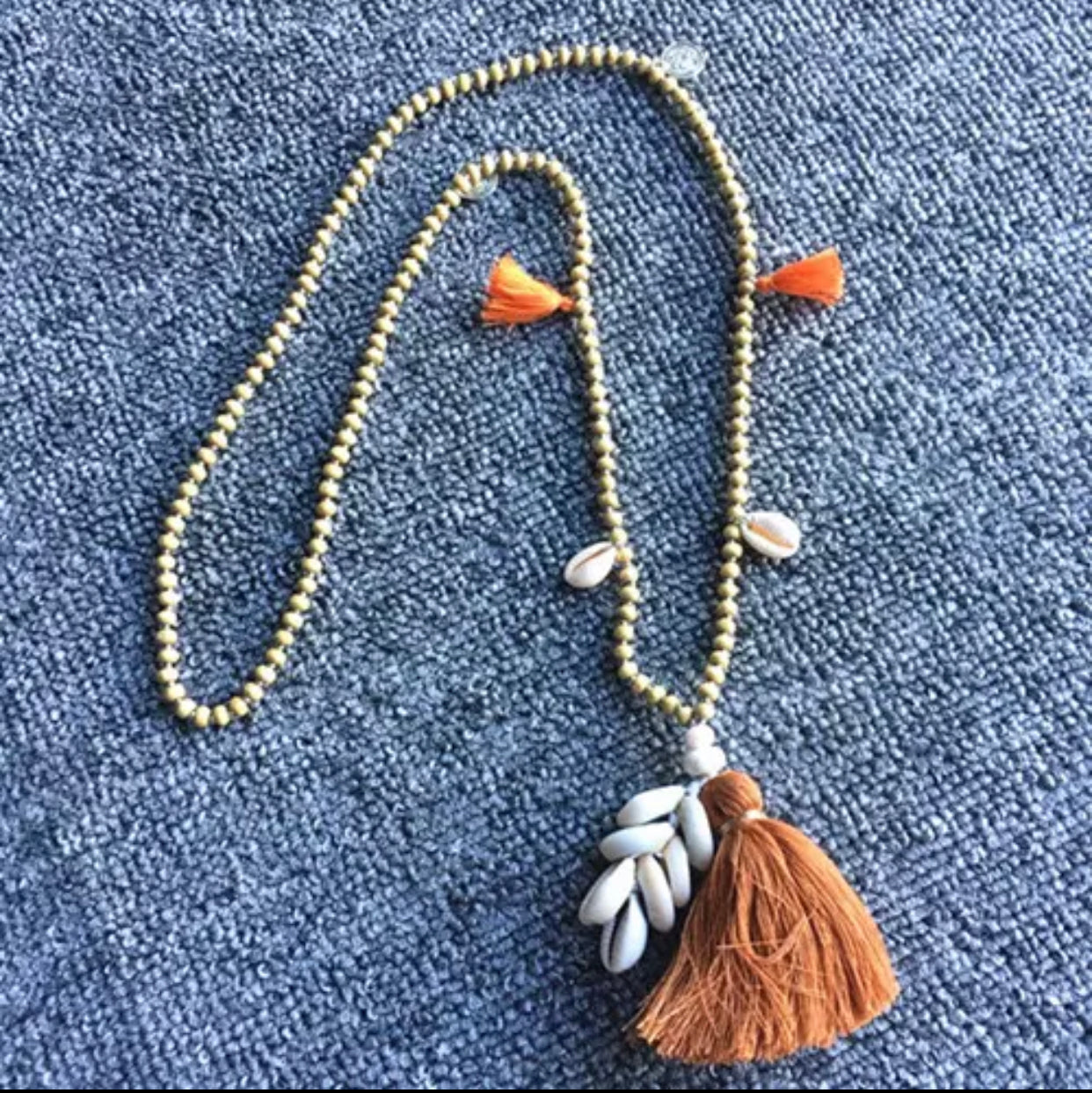 Wooden Beads Necklace with Cowry Shells and Mustard Cotton Tassels