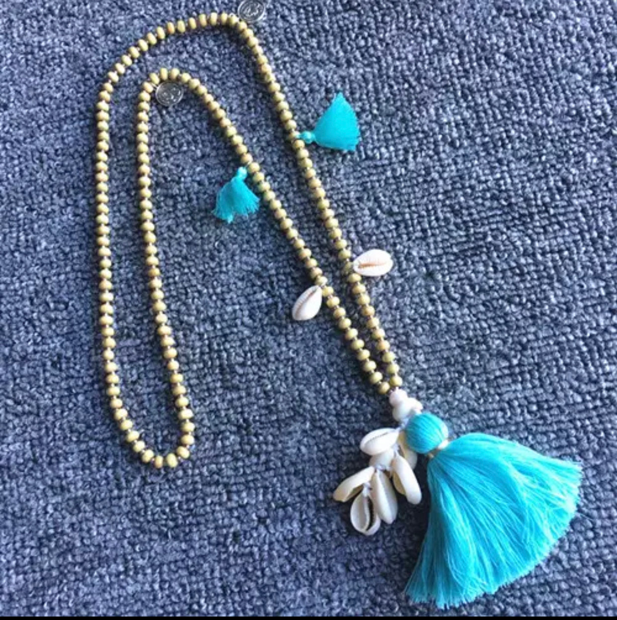 Wooden Beads Necklace with Cowry Shells and Turquoise Cotton Tassels