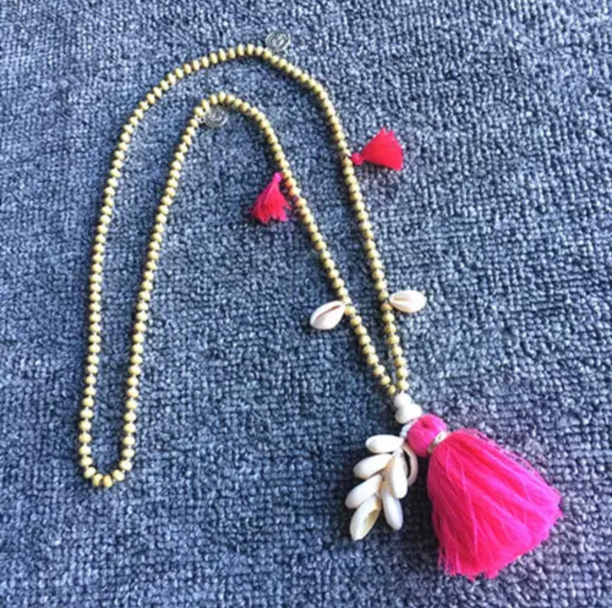 Wooden Beads Necklace with Cowry Shells and Hot Pink Cotton Tassels