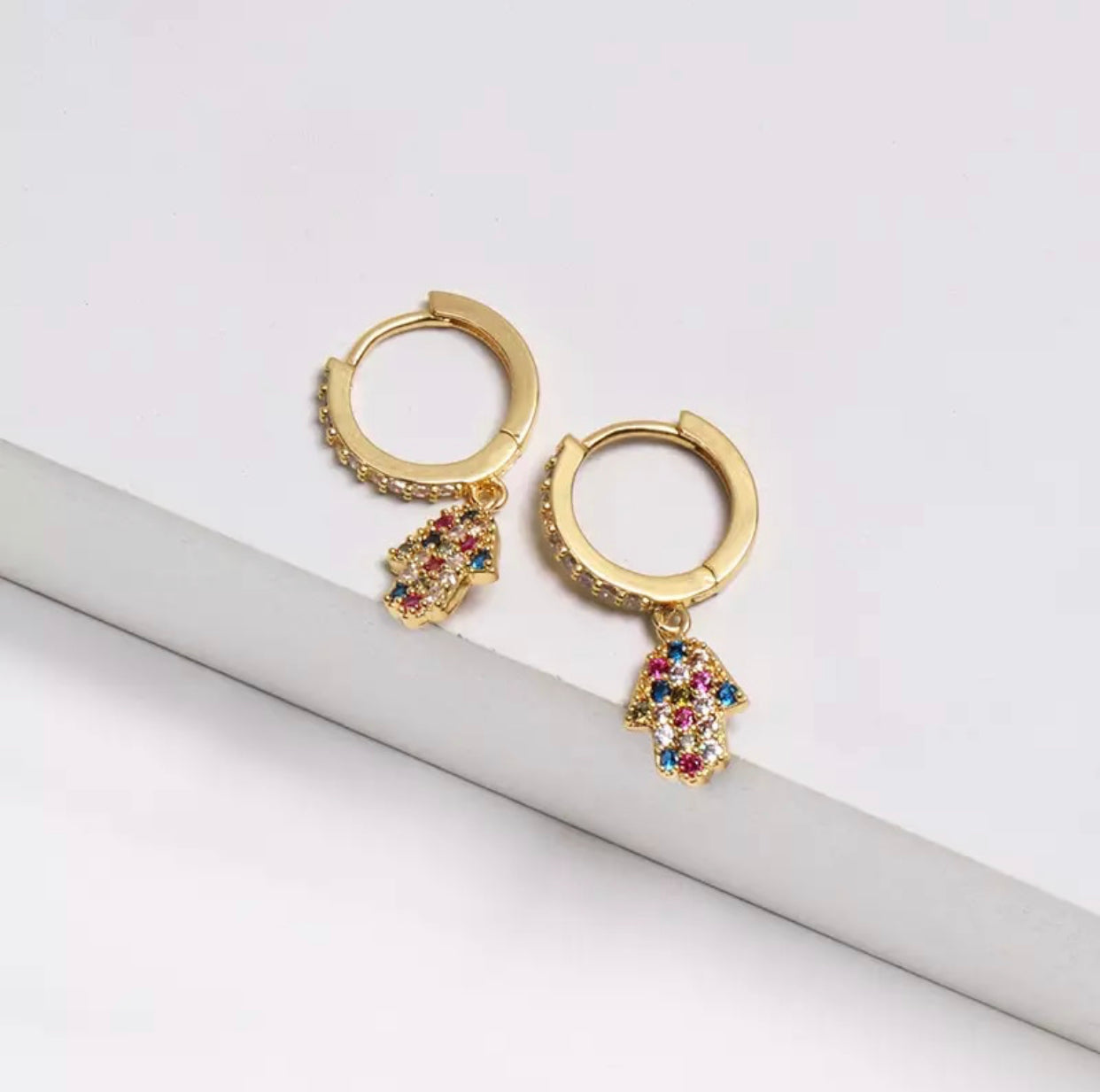 Gold Plated Hamsa Shape Earrings with Small Multicolored Pave in Hoop