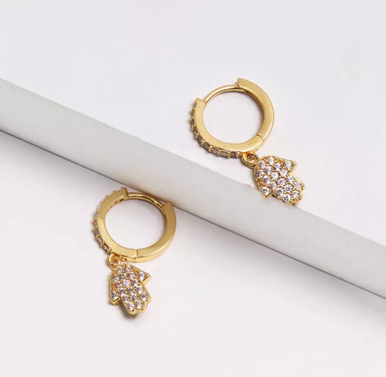 Gold Plated Hamsa Shape Earrings with Small Pave in Hoop