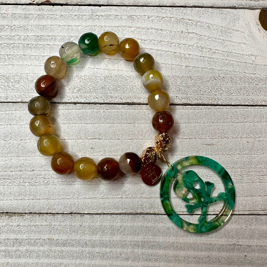 Stretchy 8mm Multicolor Agates Bracelet with Green Acetate Skull Medallion