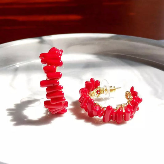 Red Coral Chip Stud Earrings