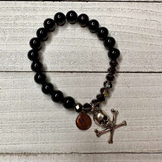 6mm Zebra Agate Beads and Crystals Bracelet with a Metal Crossed Bone Skull Charm 