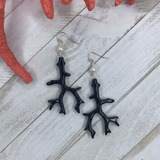 Black Branch Coral and Fresh Water Pearl Earrings
