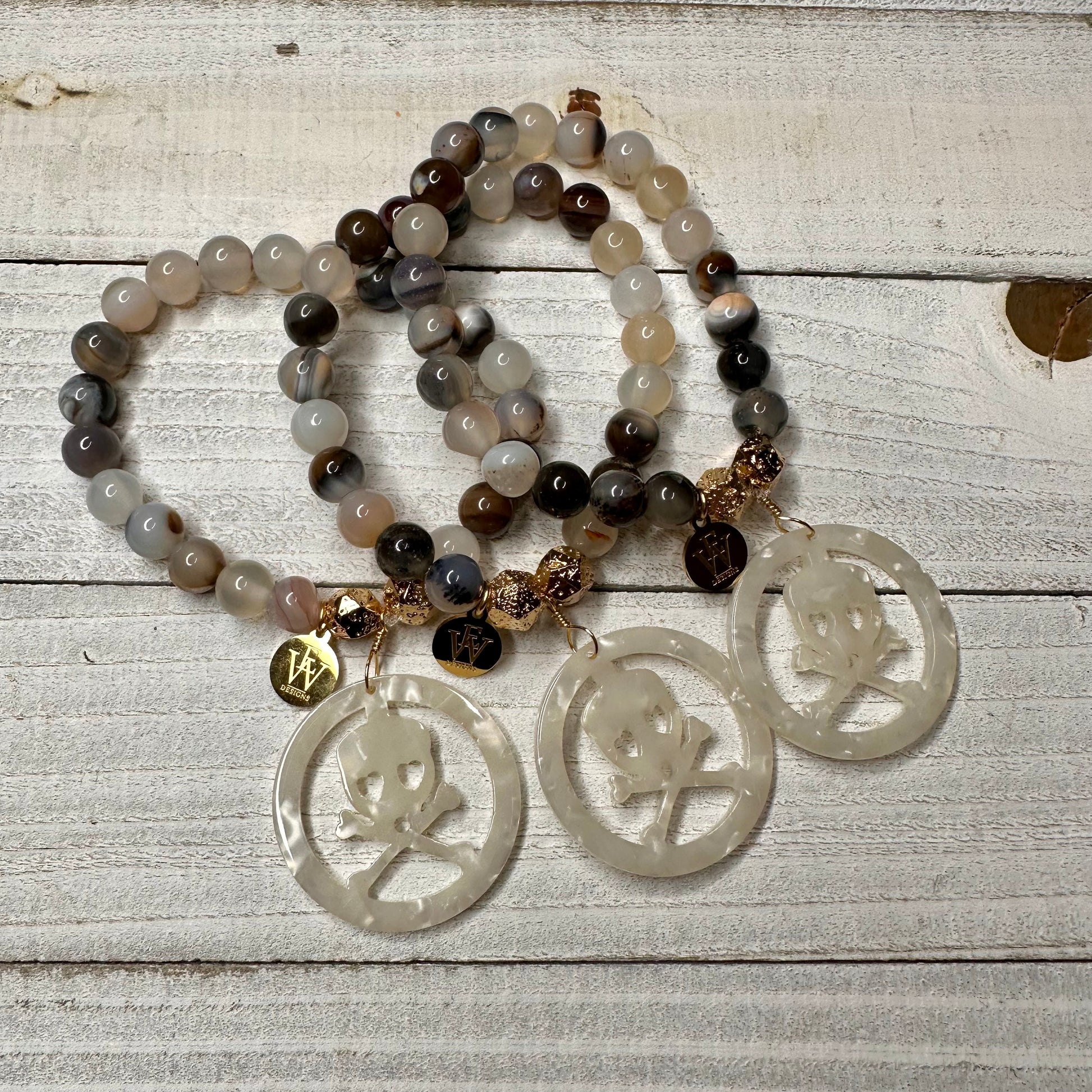 Agate Beads Bracelet with an acetate crossed bones and skull charm