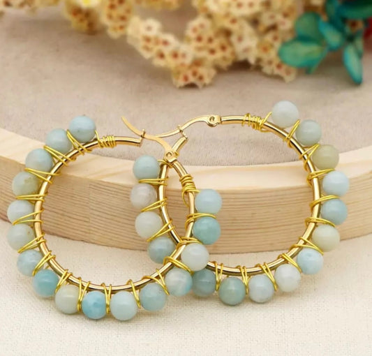Gold Plated Hoops with Natural Gemstones Wire Wrapped