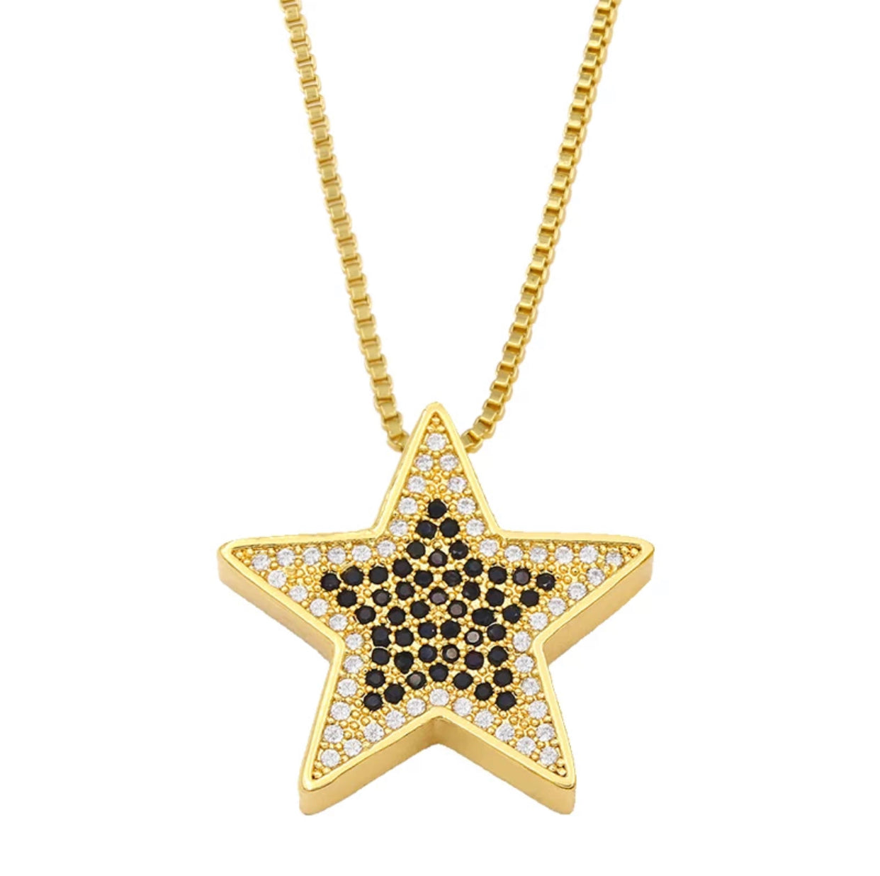 Gold Plated necklace features a gold star embellished with black pave crystals