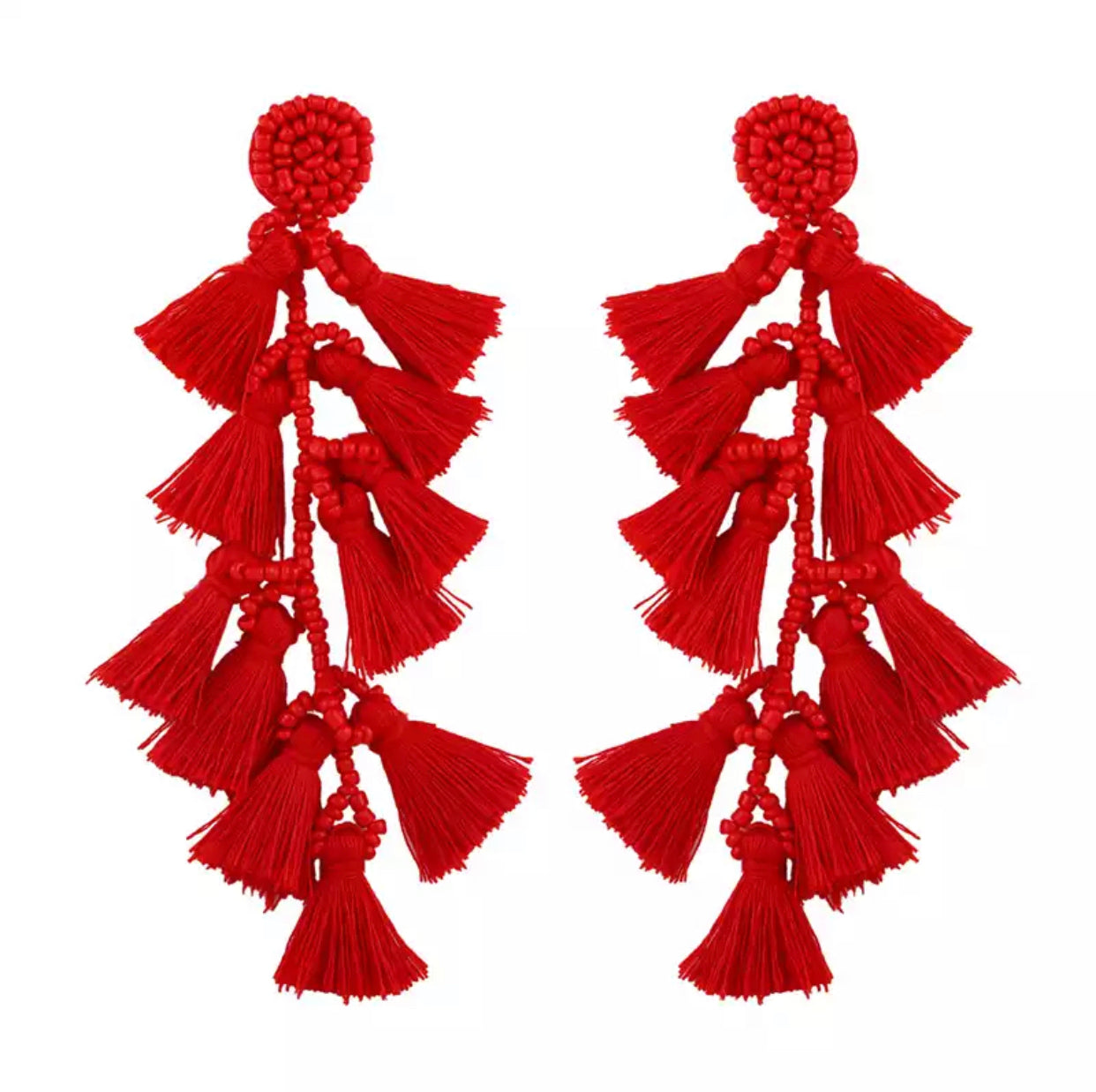 red tassel earrings from erika williner designs