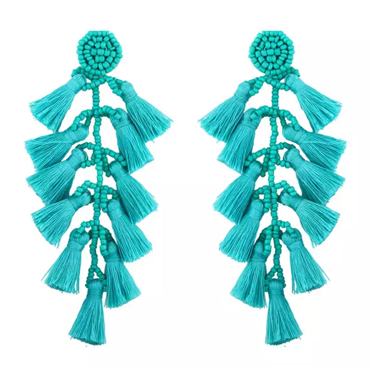 turquoise front view of rope and beaded earrings