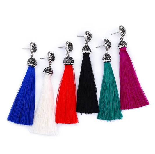  Pave embellished post earrings with silk tassel