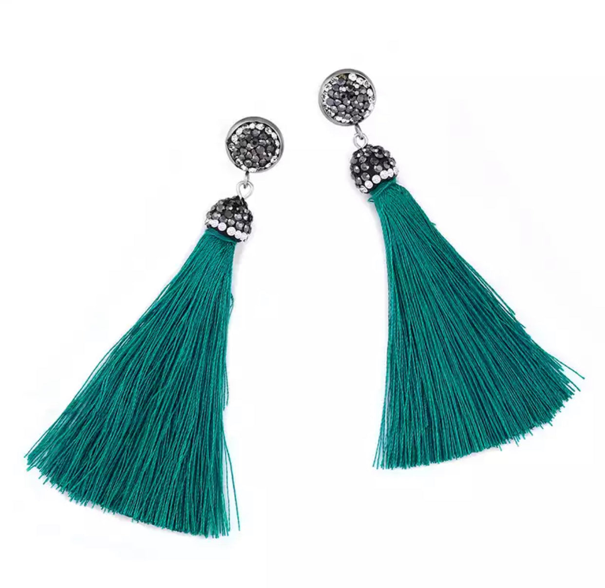  Pave embellished post earrings with green silk tassel