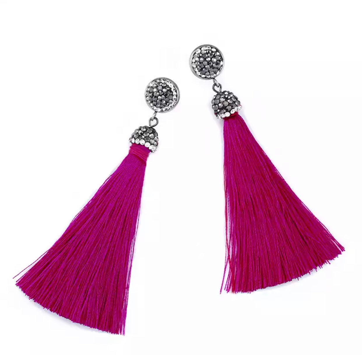  Pave embellished post earrings with hot pink silk tassel