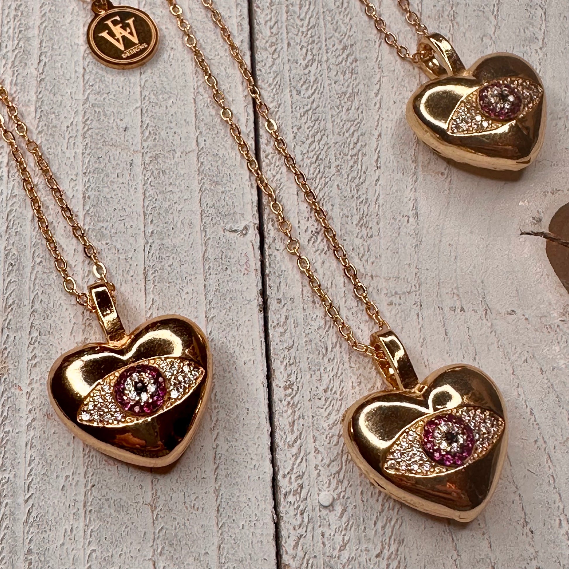 Red gold plated heart and evil eye necklace