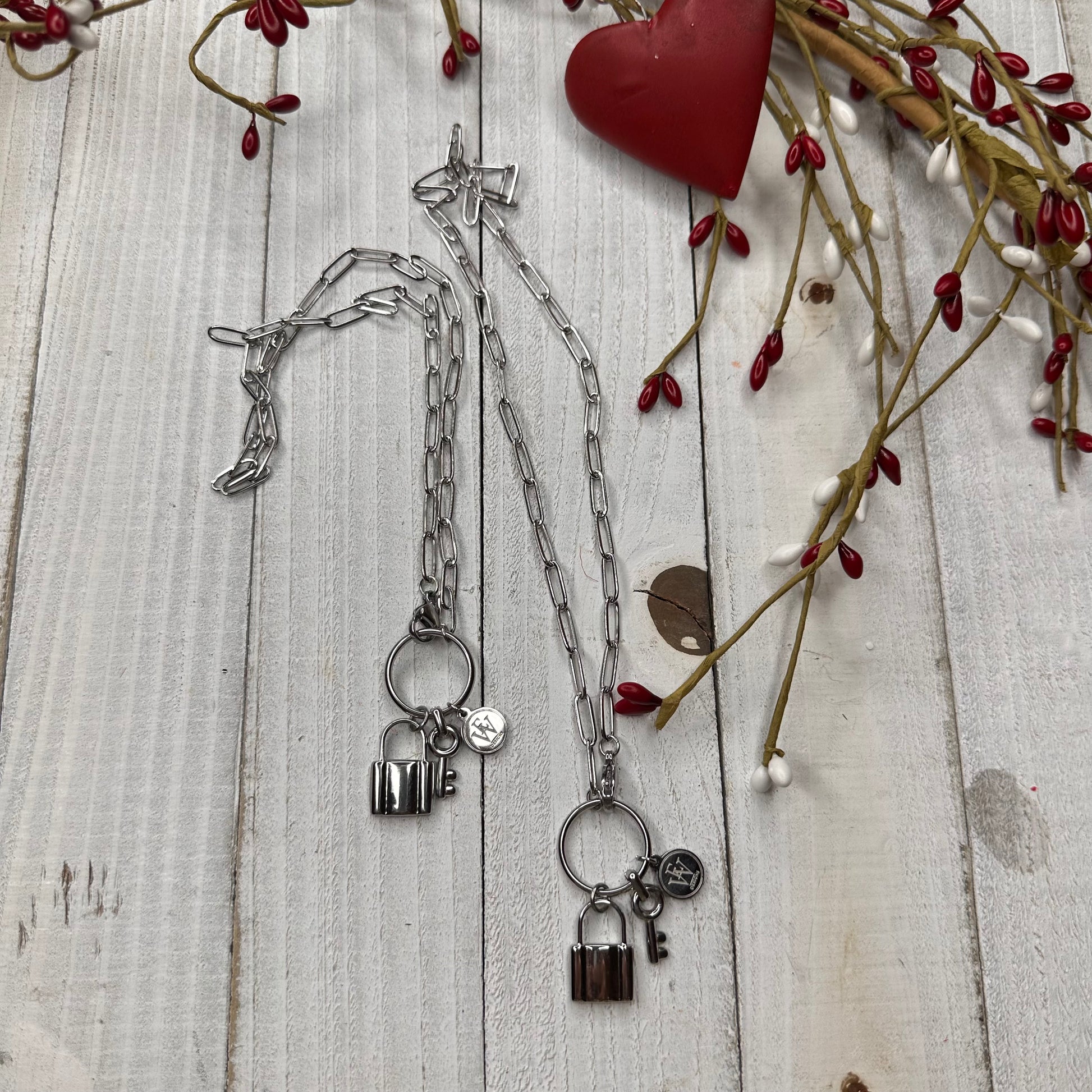 Stainless Steal Paper Clip Link Necklace with a Lock and Key as Charms