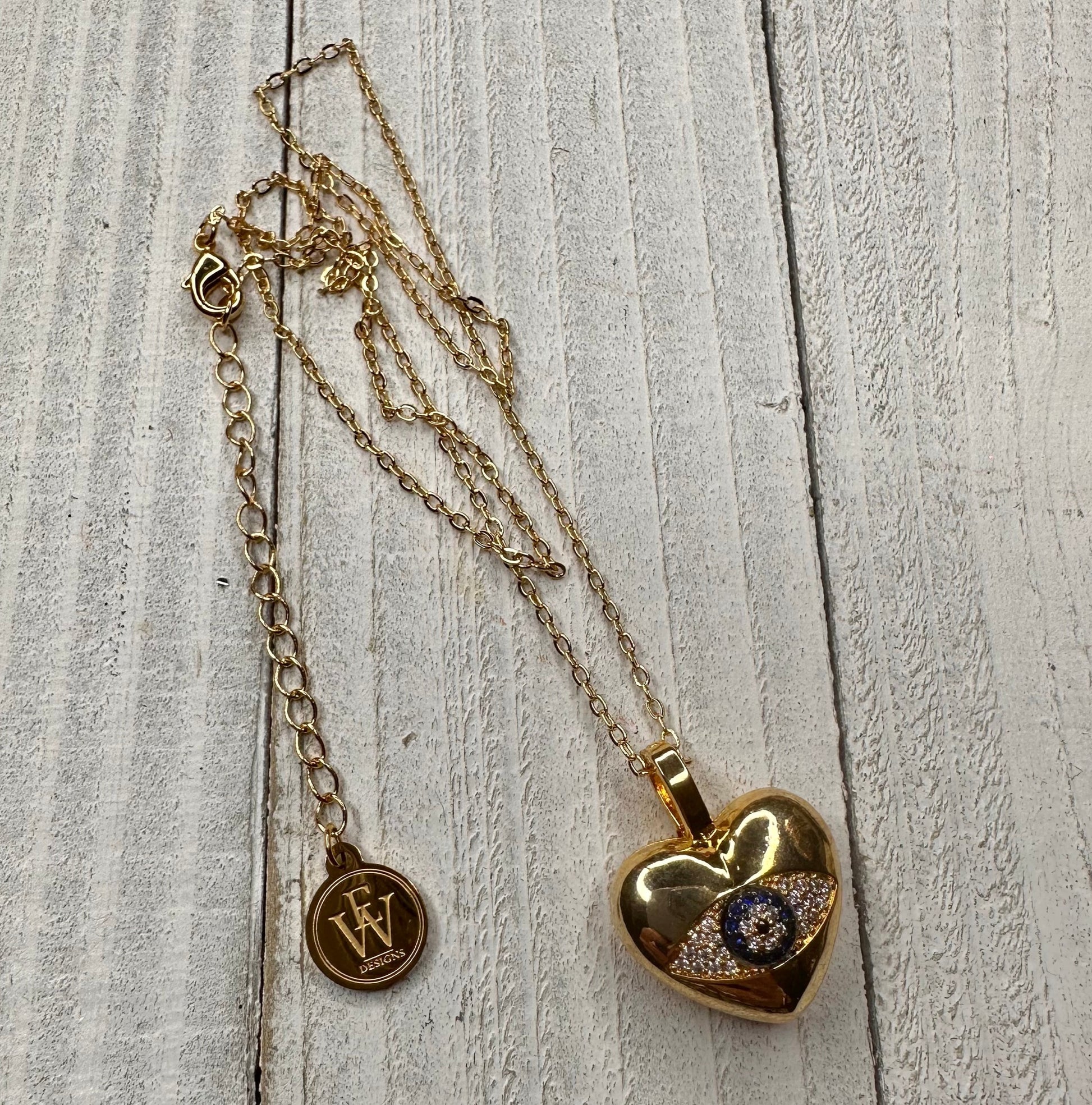 Blue gold plated heart and evil eye necklace