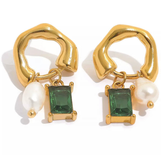 Green and Pearl Hoop Earrings