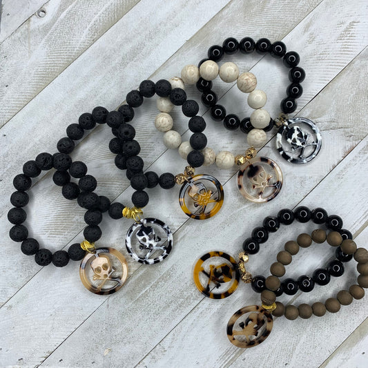 Stretchy Beads Bracelet with Acetate Cross Bone and Skull Charm
