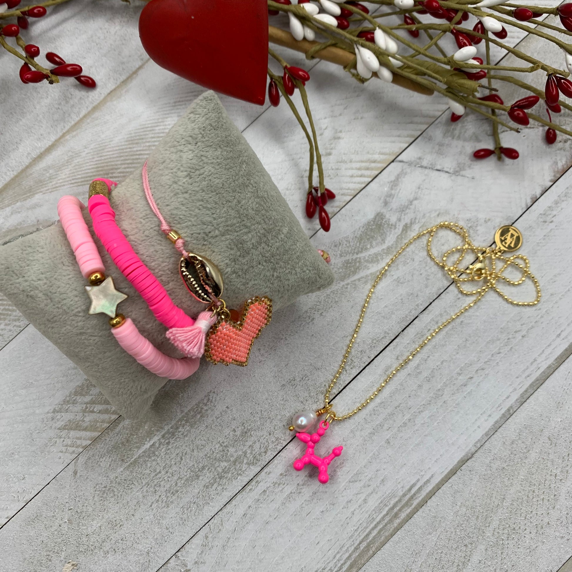 Enamel Neon Pink Dog Pendant and a Fresh Water Pearl Necklace