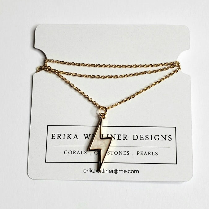 Erika Williner Designs - Gold necklace with mother of pearl enamel Bolt pendant