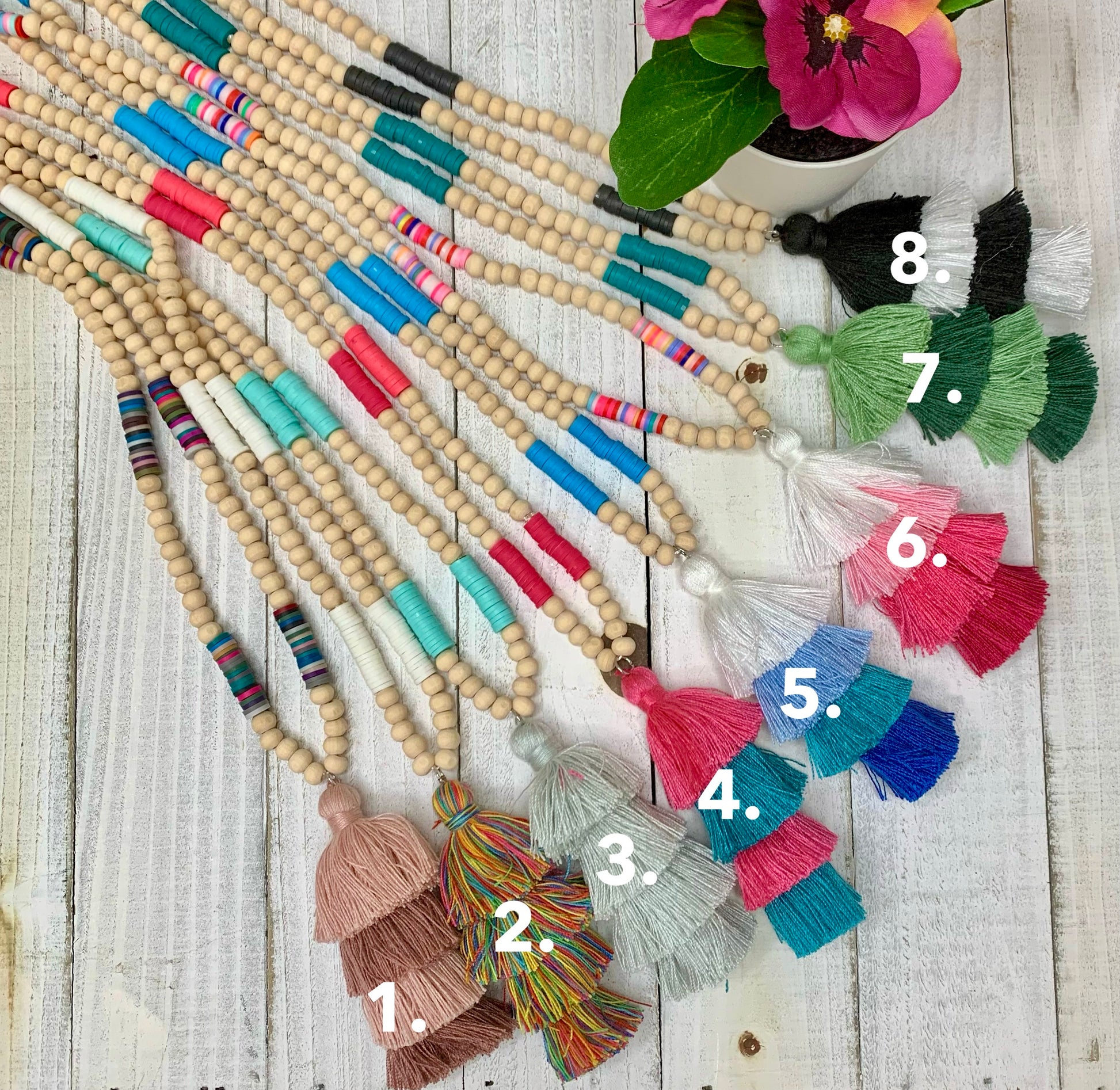 Wooden Round Beads, Colorful Doughnut Beads with Cotton Tassel