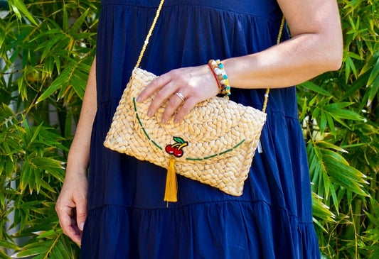 Embroidered Cherry and Silk Tassel Clutch