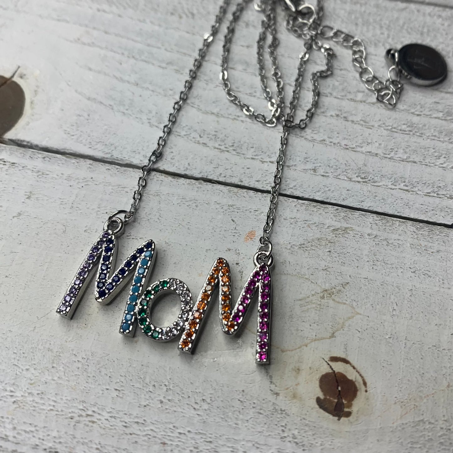 Silver Chain with a multicolor cz pave embellished Mom necklace