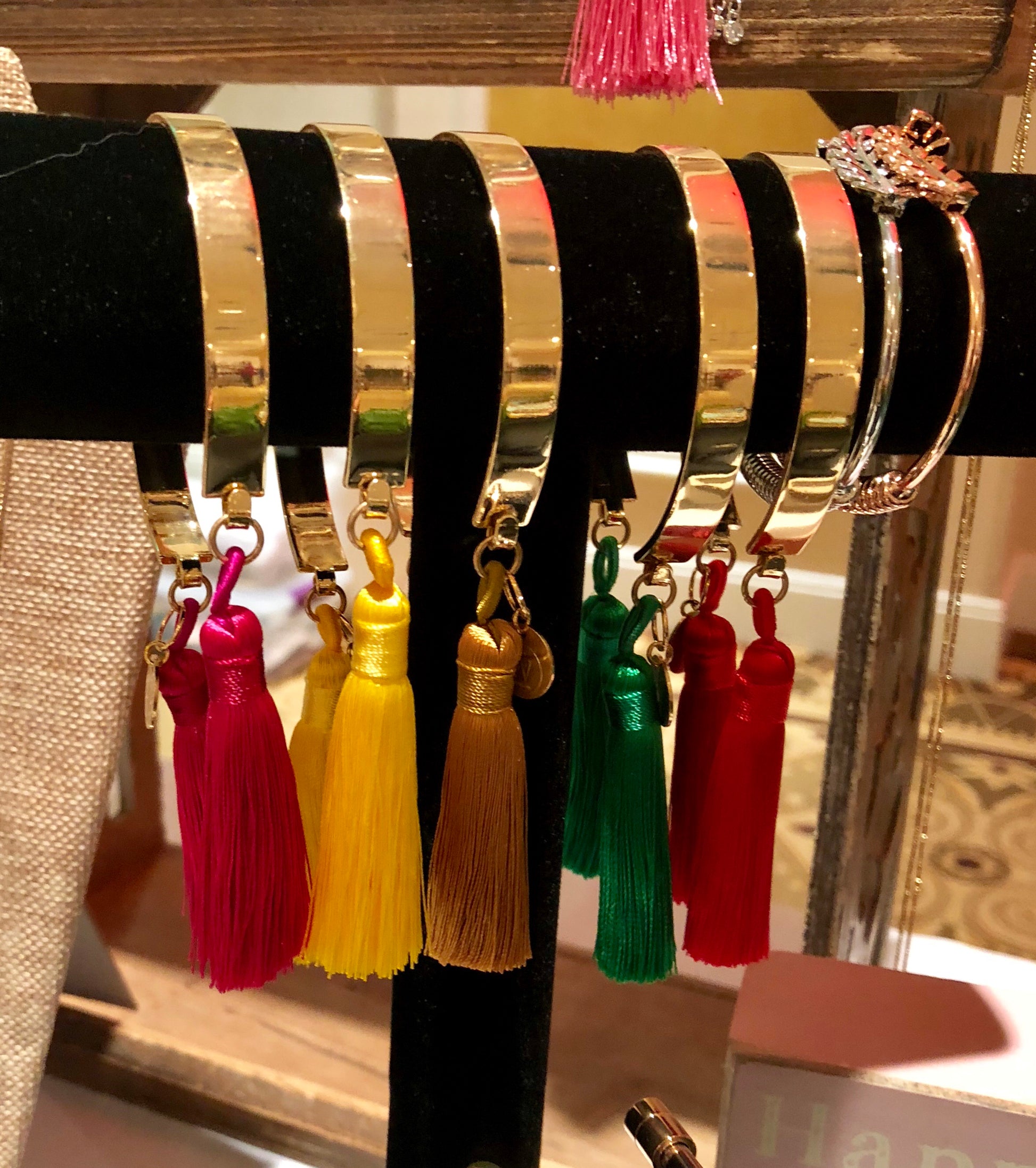 Golden Open Bangle with Colorful Silk Tassels