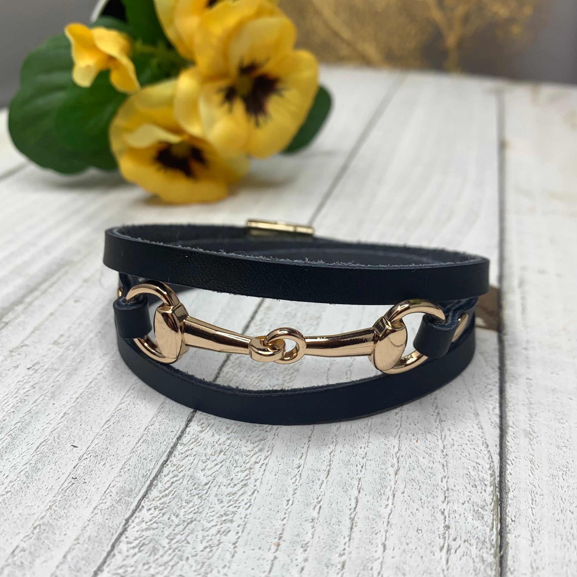 Gold Plated Horse Bite Connector in Black Wrapped Strap with Magnetic Clasp