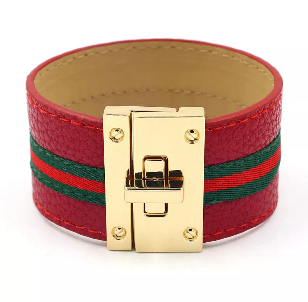 Red Leather Cuff Bracelet with a Golden Buckle