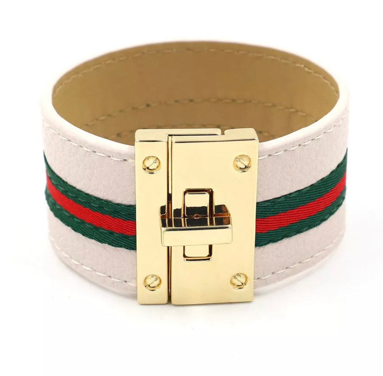 White Leather Cuff Bracelet with a Golden Buckle
