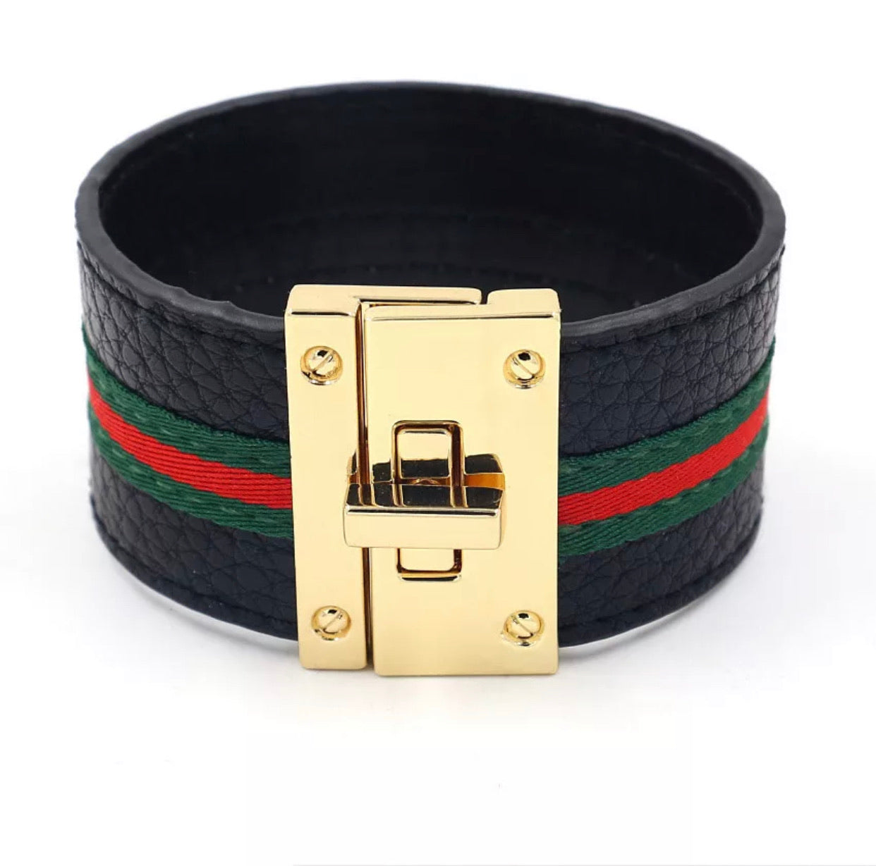 Black Leather Cuff Bracelet with a Golden Buckle